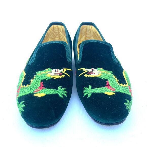 Shipton & Heneage Men’s Velvet Smoking Slippers Loafers Green Dragon Quilt US 9 - Picture 2 of 9